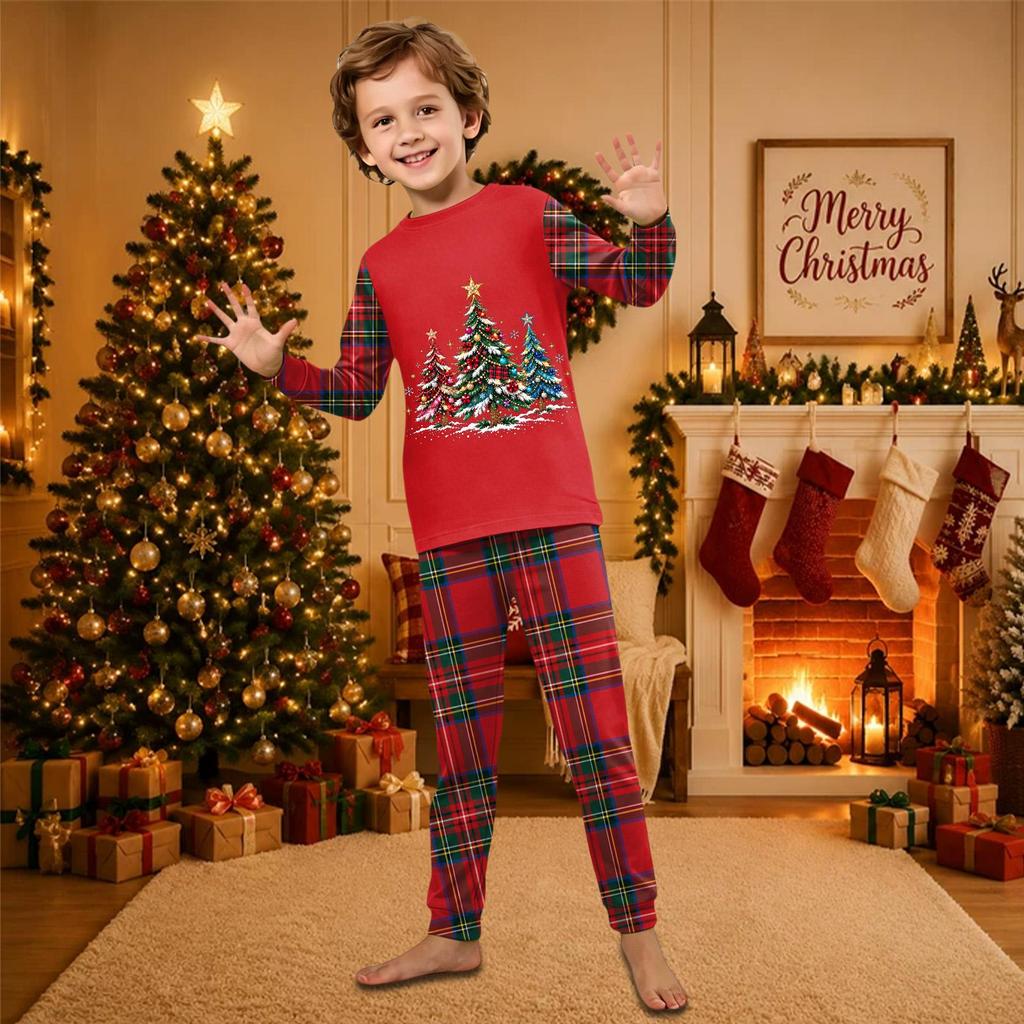 Christmas-print long-sleeve and long-pant matching family loungewear set