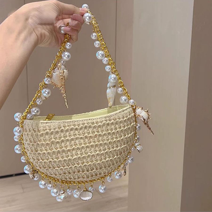 

Полукруглая соломенная сумка ручной работы «Праздник на берегу моря» — дизайн «Звезда и ракушка»