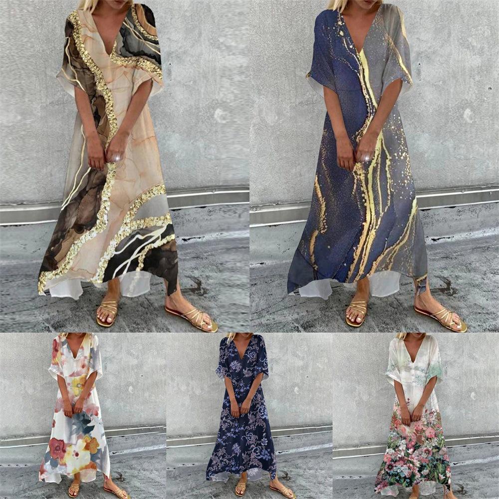 

Elegant V-neck Short Sleeve Maxi Dresses with Floral/Golden Patterns - Beige, Navy Blue, White & Pink S