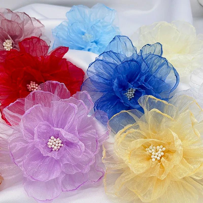 Toppa in tessuto chiffon fatto a mano con fiori da 9 cm, per abbigliamento, cappelli, borse, fermagli per capelli, accessori decorativi fai da te