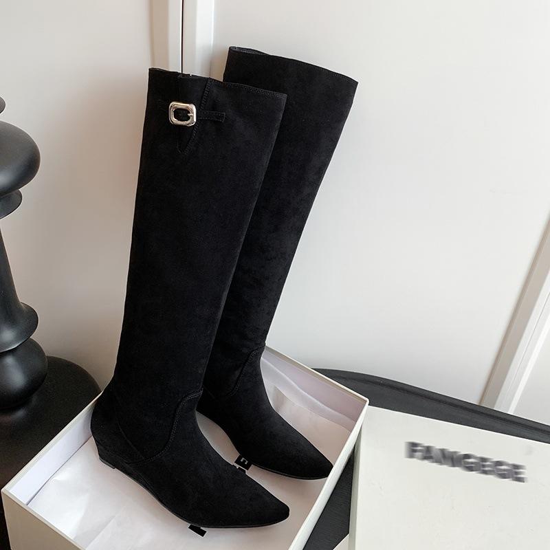 Lazy French Style~ Round Head Inner Height Increase Western Cowboy Boots Pleated Stacking Boots 25 Years Suede But Knee Boots~