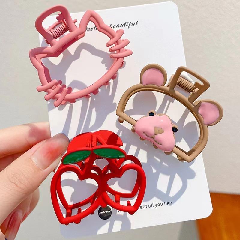 Cute Little Bear Pink Cat Hair Clips Hollowed-out Metal Girls' High School Ponytail Clips Cherry Headwear Hair Accessory Clips