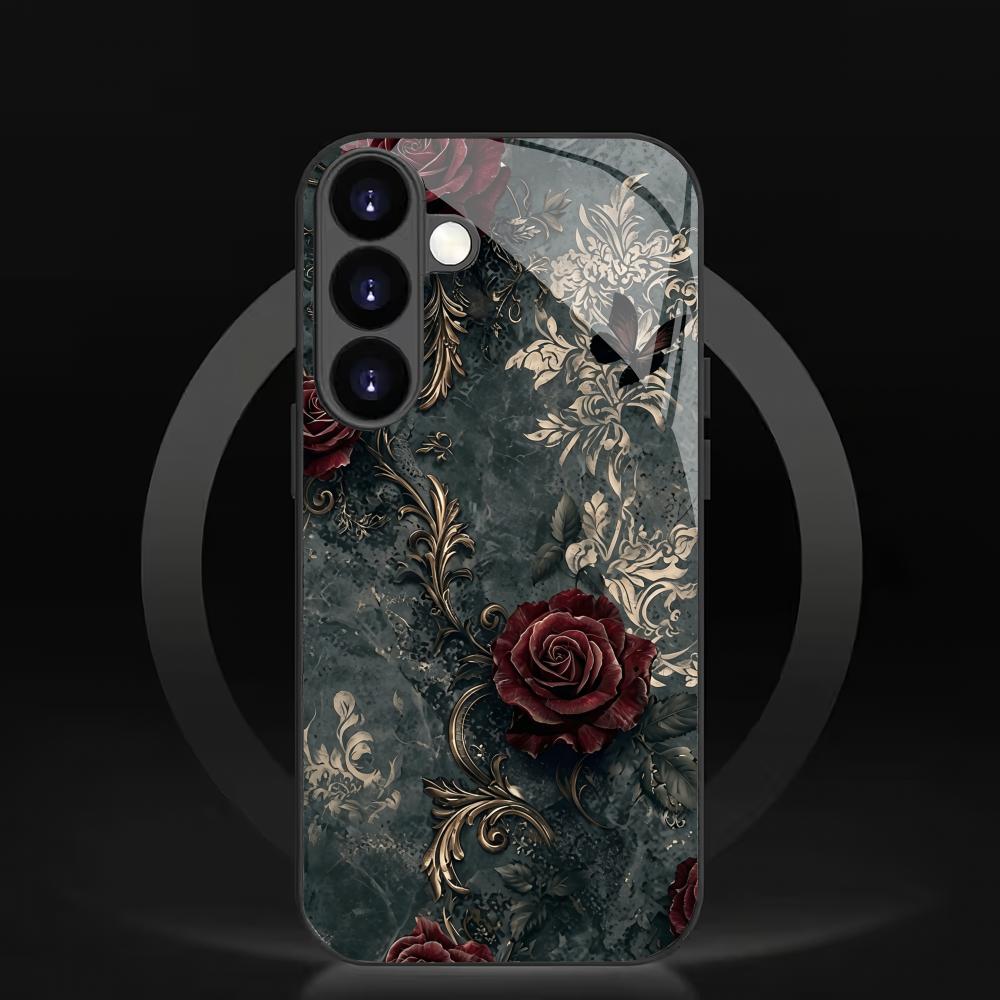 Retro Black Rose Tempered Glass Phone Case Suitable for Samsung Galaxy S26 S25 S24 S23 S22 S21 S20 FE/Ultra/Plus Anti Drop