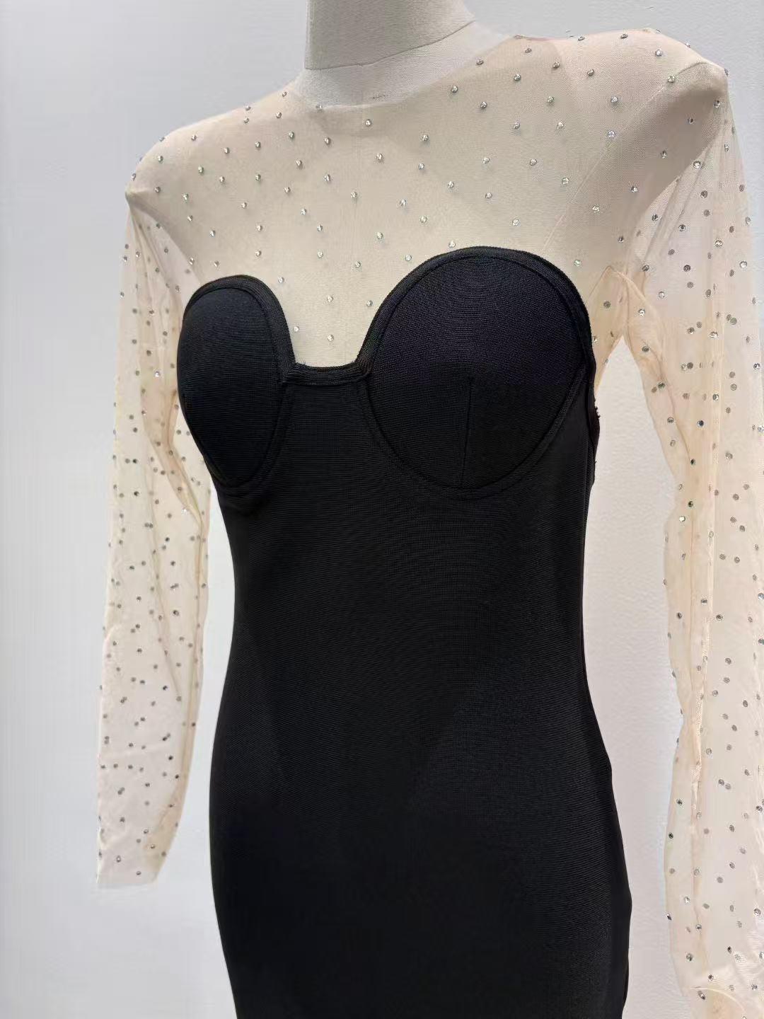 European & American Mesh Long Sleeve Rhinestone Evening Gown - Black, Slim-Fit, Hip-Hugging Short Skirt Small