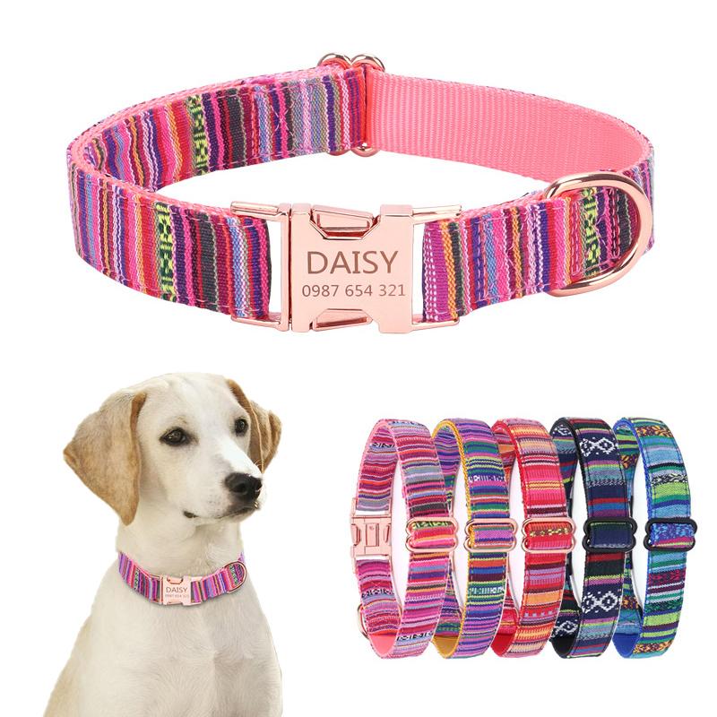 Bohemian gestreifter Hundehalsband, individuell graviert, mit Roségold-Schnalle, personalisiertes Nylonhalsband für kleine und große Hunde, tägliches Gassi gehen
