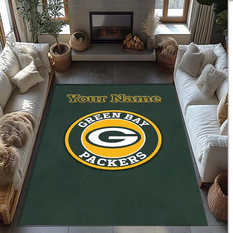 Green Bay Packers Crystal Velvet Rug, Custom Name Text Personalized Non‑Slip Floor Mat for Home Decor Gift