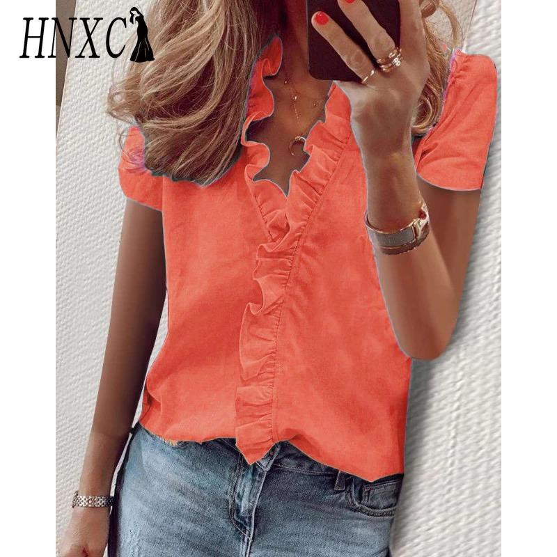 

HNXC Жіночі модні повсякденні одноколірні блузки та сорочки з коротким рукавом і V-подібним вирізом XXXXXL помаранчевий