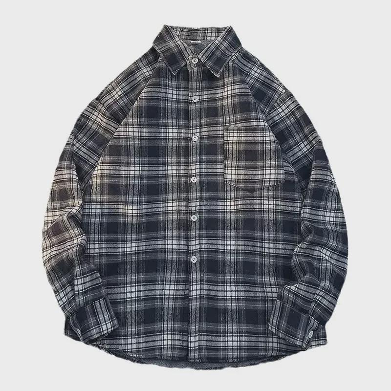 Men's Hong Kong-Style Plaid Velvet-Lined Long-Sleeve Shirt - Trendy Japanese-Inspired Autumn/Winter Jacket