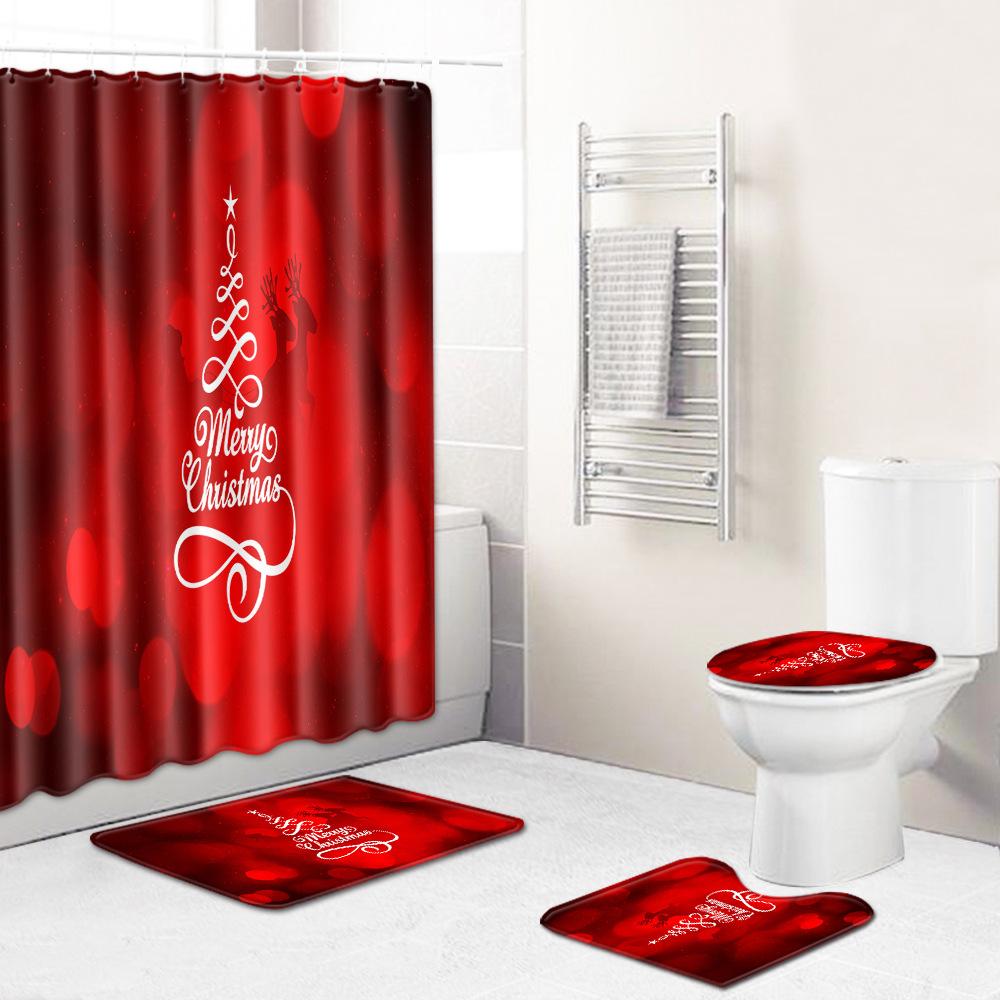 Christmas Printed Shower Curtain Floor Mat Four-Piece Bathroom Toilet Non-Slip Absorbent Carpet Toilet Non-Slip Door Mat