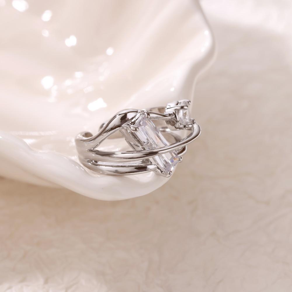Geometric Zircon Wave Open Ring For Women Stainless Steel Ring New Luxury Fashion Wedding Couple Jewelry Gift