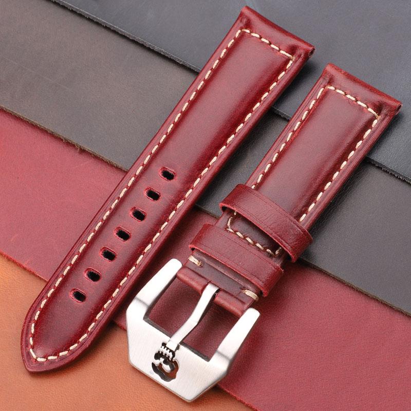 Watchband Vintage Watchbands 22mm 24mm 26mm Cow Leather Watch Strap Band Red Blue Green Brown With Skeleton Pin Buckle
