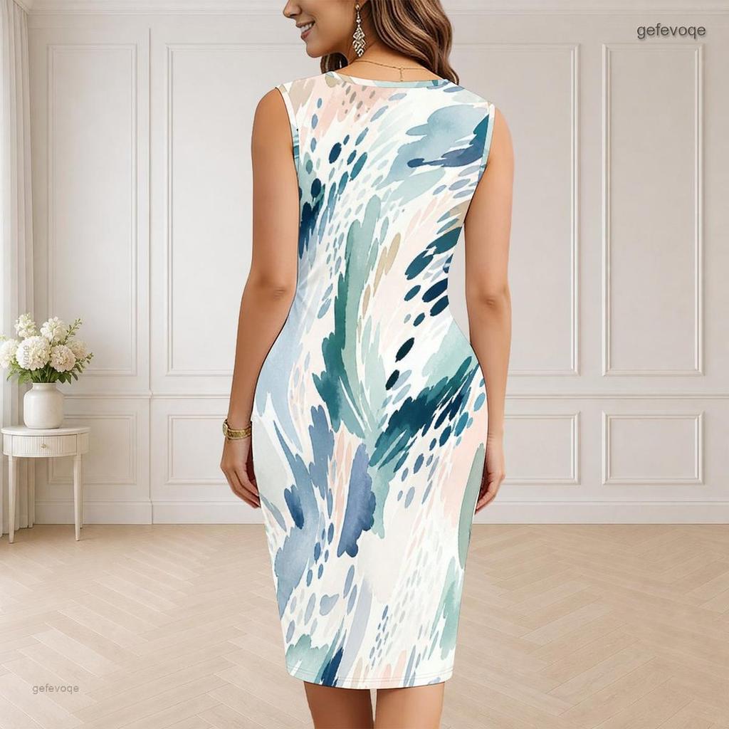 Women s Plus Size V Neck Sleeveless Printed Bodycon Midi Dress
