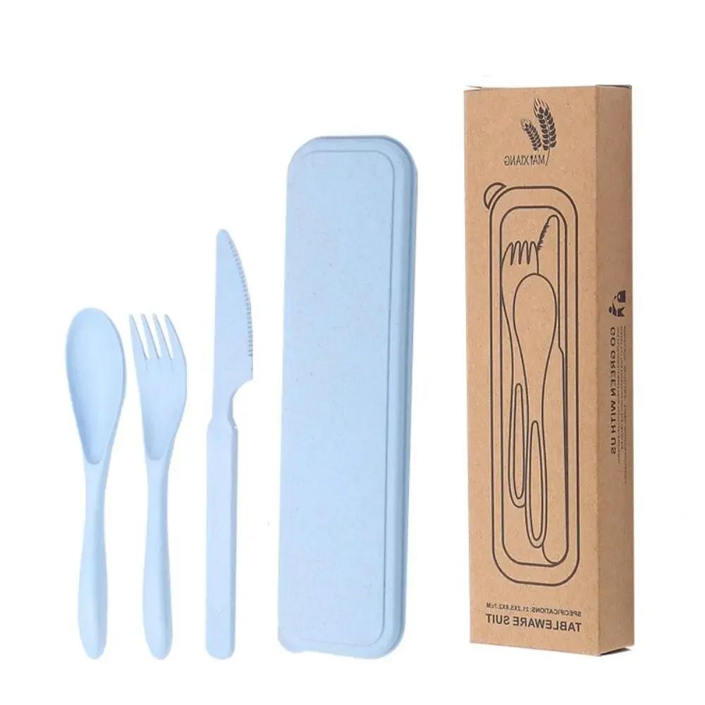 Practical Tableware Reusable Camping Utensil Set Ultralight Wheat Straw Camping Spoon Fork with Case Plastic Travel Utensils