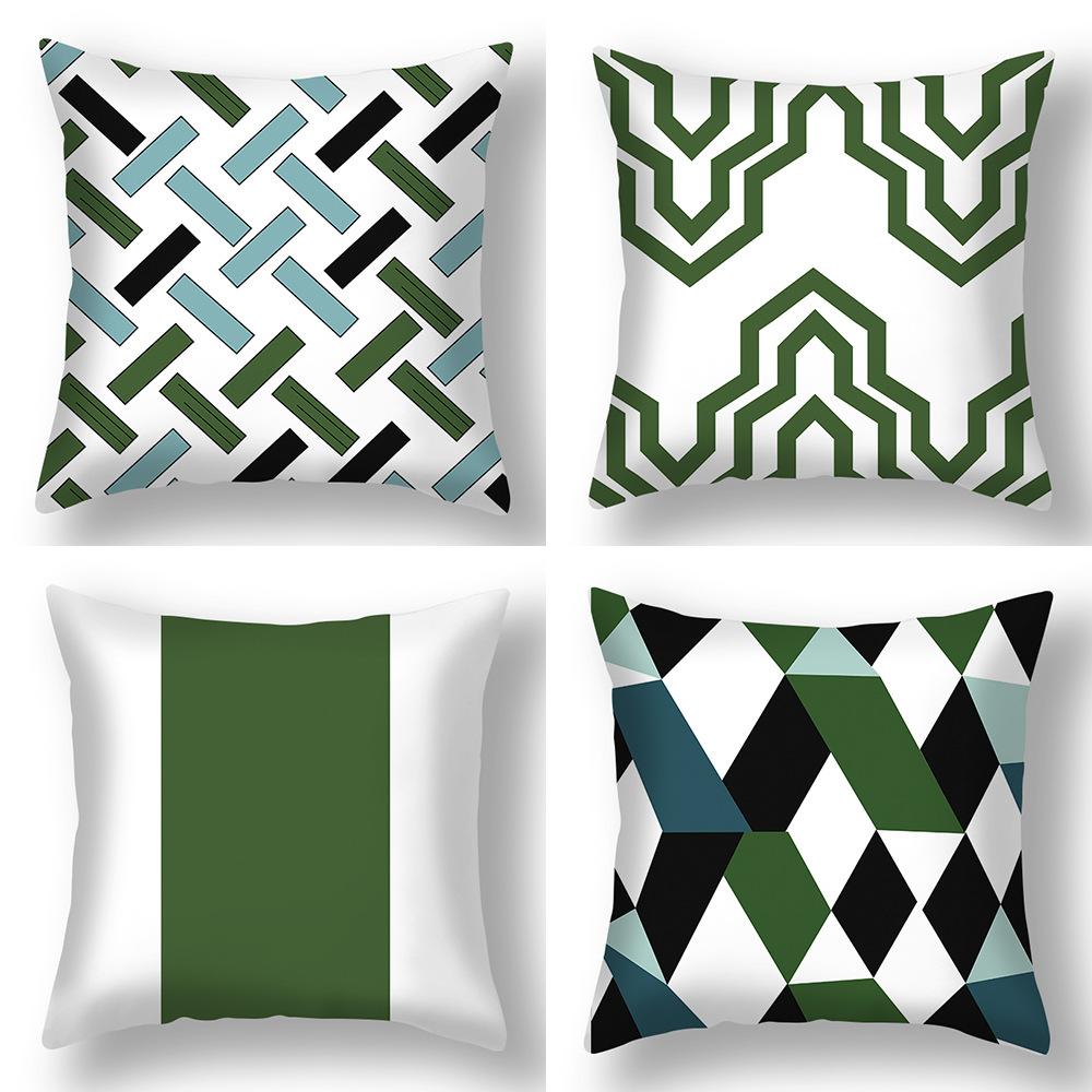 Light Luxury Green Short Plush Sofa Pillow Dark Green Geometric Pattern Pillow Bedside Cushion Cushion Pillow Cover
