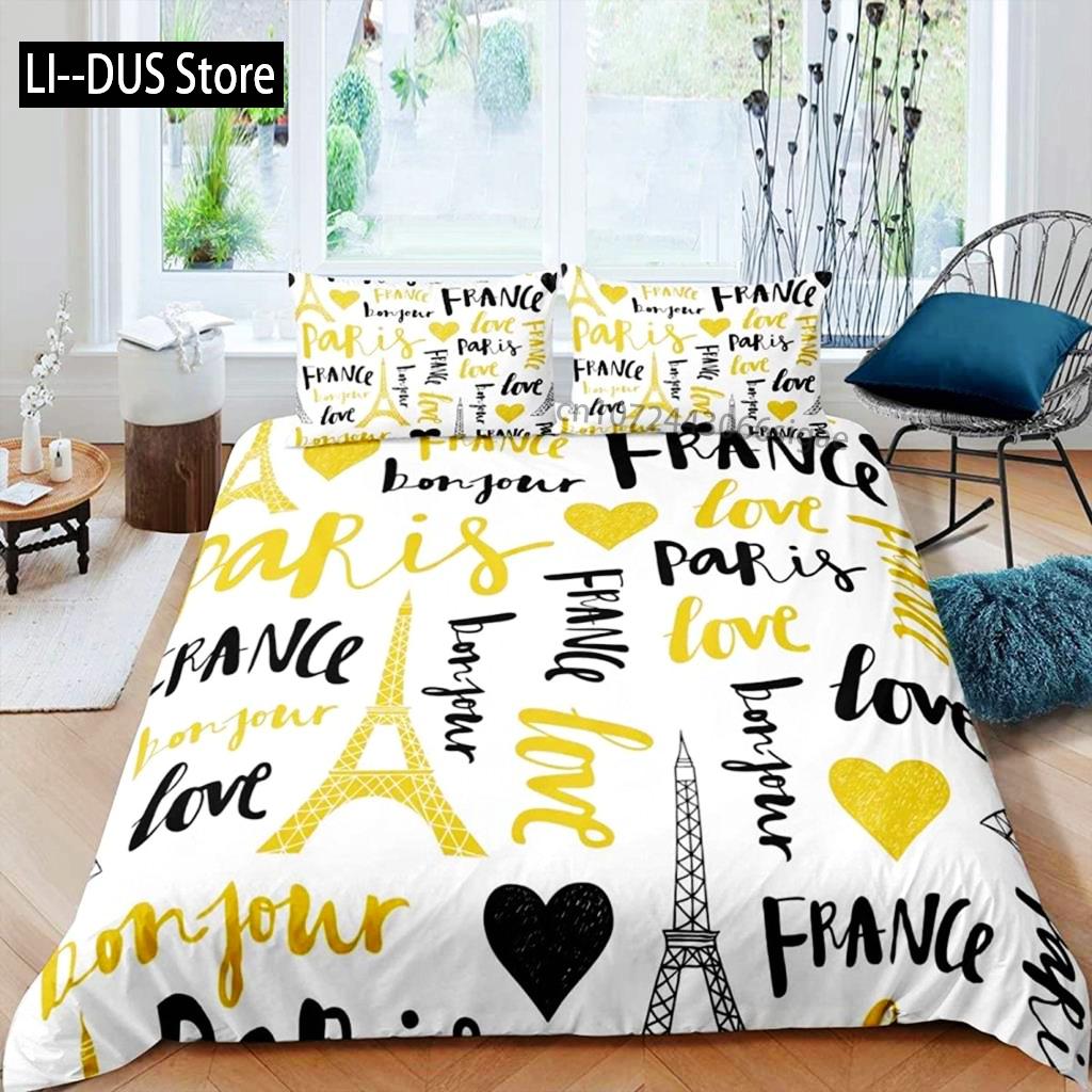 Paris Duvet Cover Set Polyester Paris Theme White Pink Stripe World-Famous Architecture Creativity Double Queen King Quilt Cover
