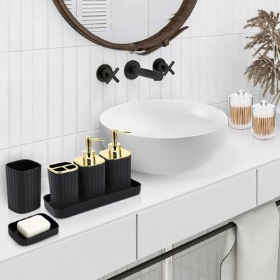 Elegantes Badezimmer-Accessoire-Set 6 Teile Hydraulischer Shampoo-Spender Becher Zahnbürstenhalter Mundspülbecher