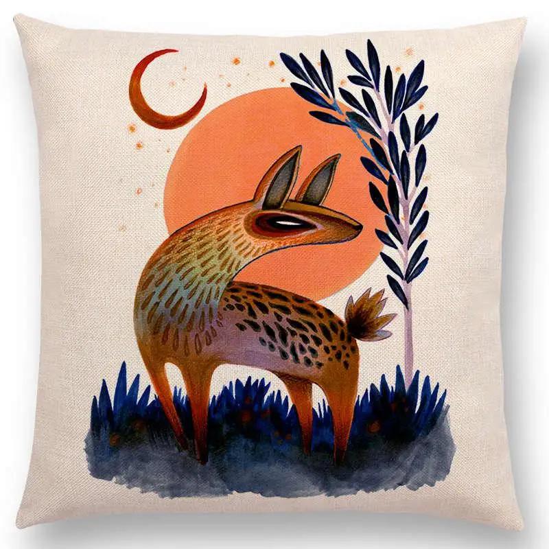 Retro Mystery Watercolor Art Totem Sofa Pillow Case Animals Deer Bear Bird Fish Fox Owl Snake Rabbit Heron Bee Cushion Cover