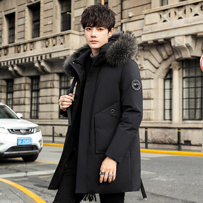 Winter Down Jacket Men's Mid-length Workwear Trendy Brand Large Fur Collar White Duck Down Cold-proof Clothing Men's Hooded Jacket Men's Clothing