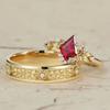 Elegant Gold Color Inlaid with Red Stone Square Leaf Flower Rings Set  Party Engagement Wedding Rings for Women Jewelry