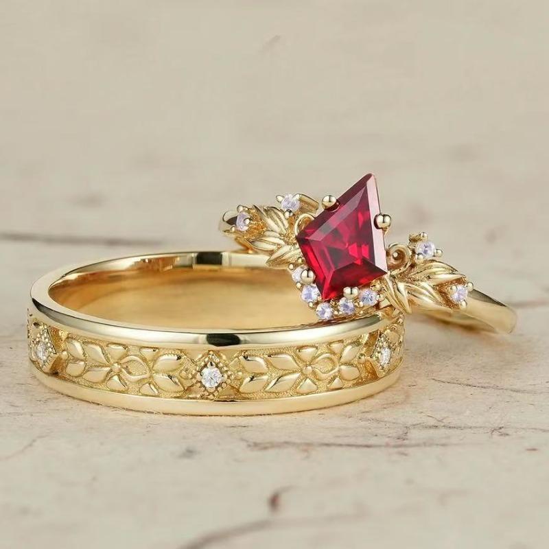 Elegant Gold Color Inlaid with Red Stone Square Leaf Flower Rings Set  Party Engagement Wedding Rings for Women Jewelry