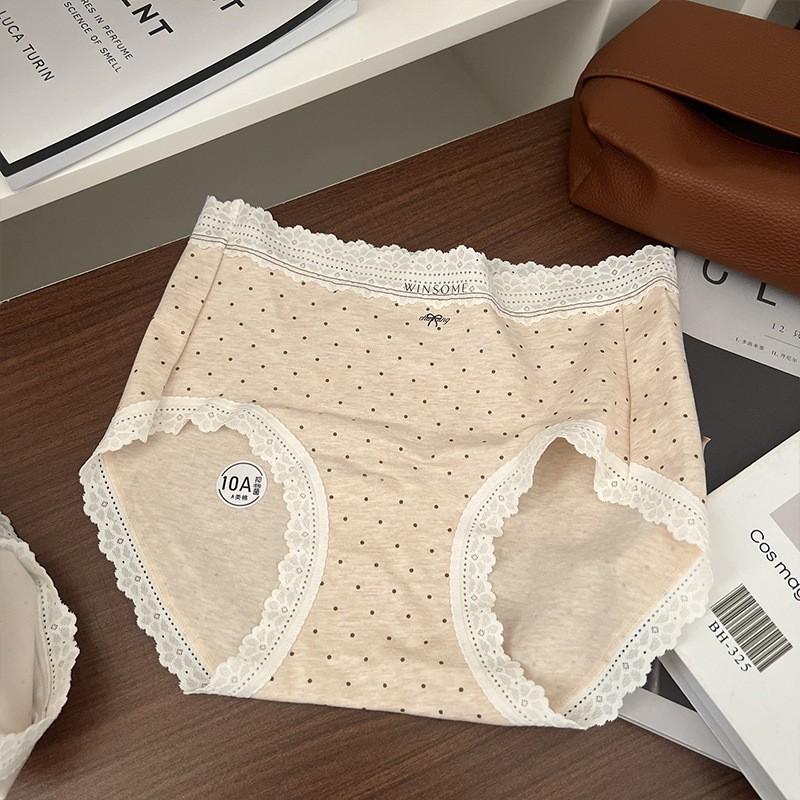Ladies Autumn and Winter Lace Polka Dot Pure Cotton 10A Anti Bacterial Breathable High Waist Triangle Briefs