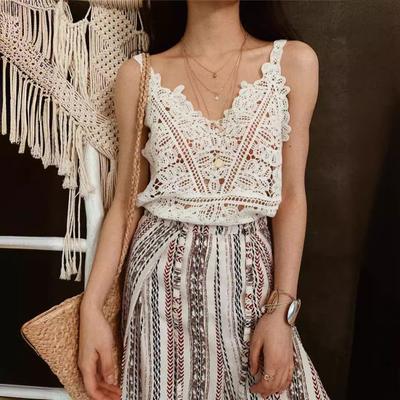Chaleco de verano para mujer, Tops sin mangas con cuello en V, Tops de punto de ganchillo, eslinga de encaje hueco de Color sólido