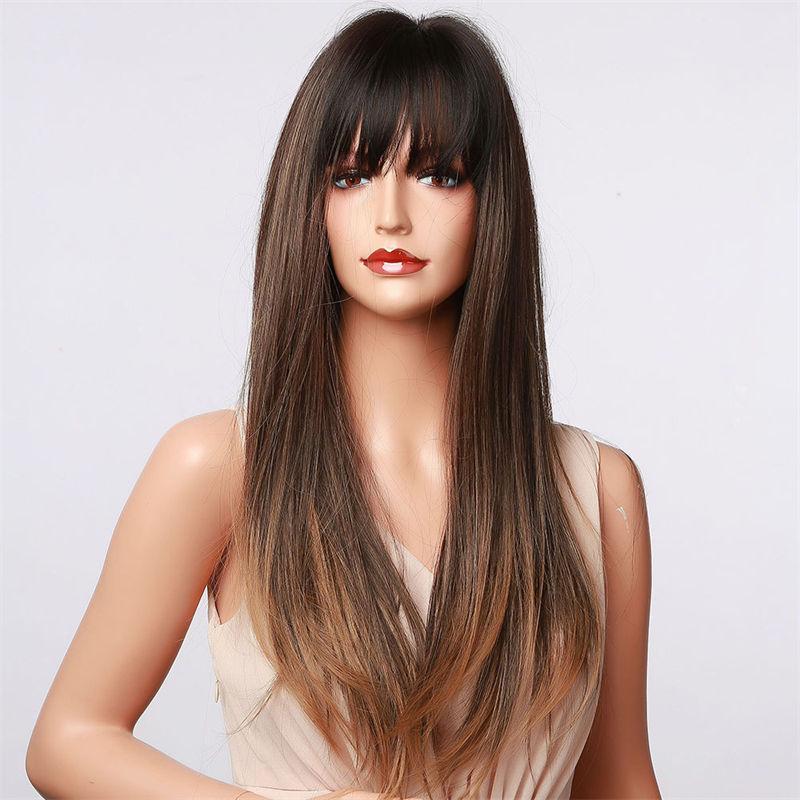 Cover Bangs Gradient Gray Long Silk Wigs High Temperature Chemical Fiber Wig Head Straight Hair