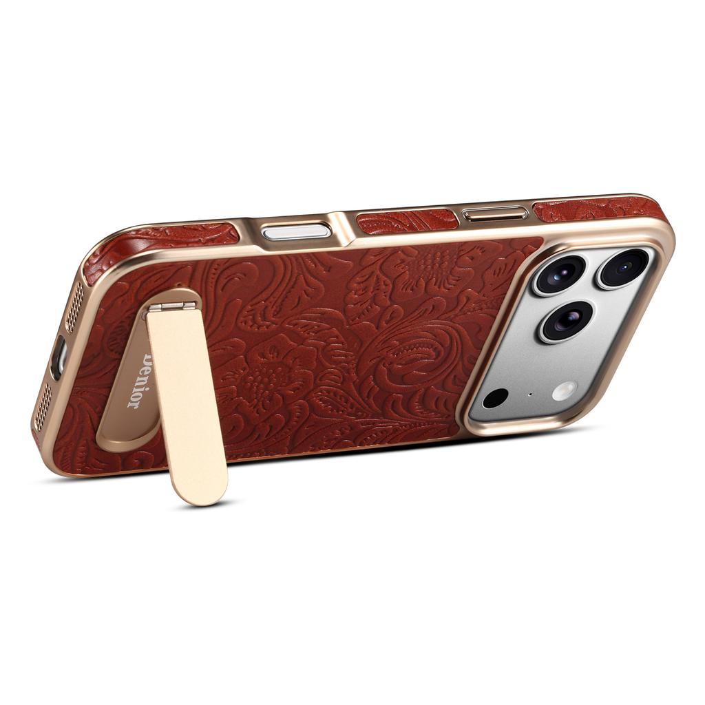 Tang Flower Design Genuine Cowhide Leather Phone Case for iPhone 17 Pro Max 17Air 16 15 14 13 Pro Magnetic Invisible Stand Cover