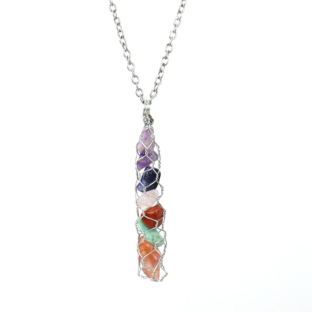 Hand-Wound Natural Gravel Crystal Amethyst Agate Mesh Pocket Pendant Necklace N721