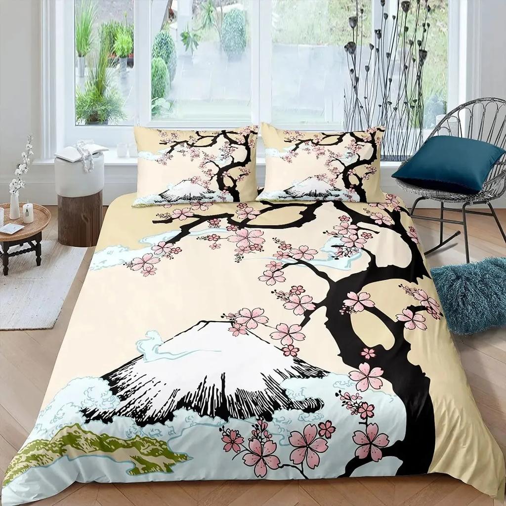 Japan Mount Fuji Duvet Cover Set Cherry Comforter Cover Retro Tower Bedding Set Japanese Ukiyo-E Bedspread Cover Full Queen Size