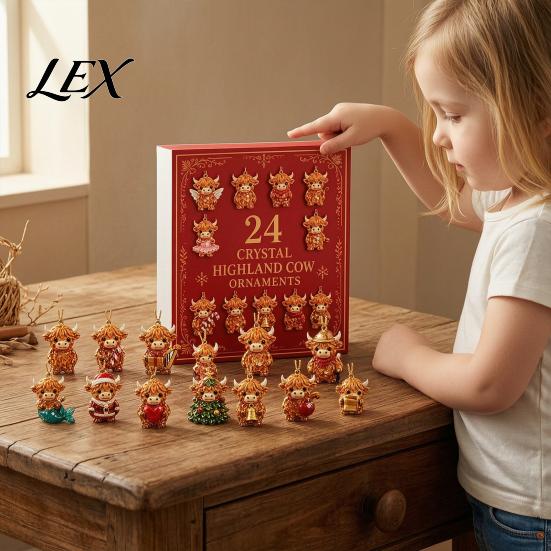 Unique Holiday Gift for Kids Highland Cow Advent Calendar, 24 Pcs Acrylic Hanging Ornaments Christmas Cartoon Character Tree Decoration, Festive