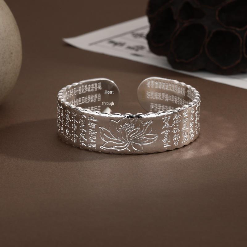 Silver Lotus Wave Edge Bracelet - Great Compassion Mantra, Adjustable, Retro High-End Versatile Gift