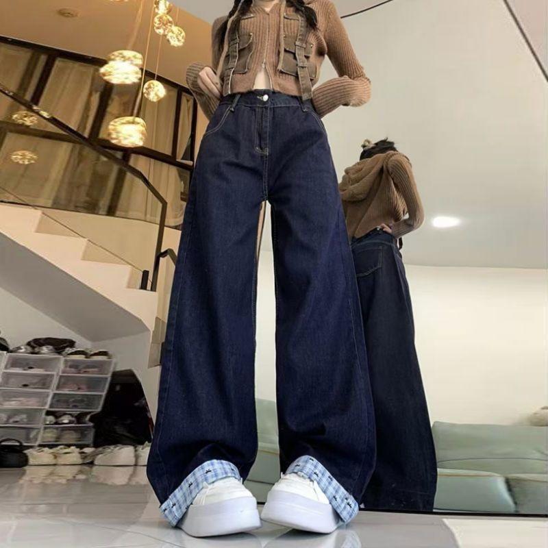 

American retro blue plaid splicing pocket jeans women s new loose personality and thin wide-leg mopping pants trendy 4XL темно-синього кольору