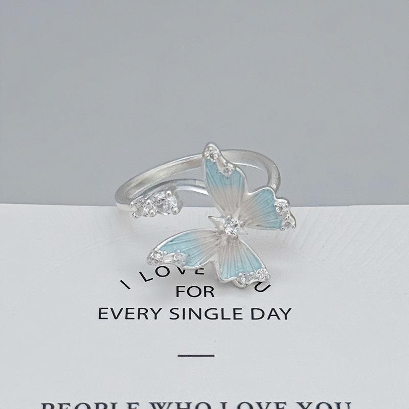 White Delicate Smudging Gray-Green Retro Enamel Butterfly Personalized Opening Ring Female Flower Advanced Sense Super Fairy Ring