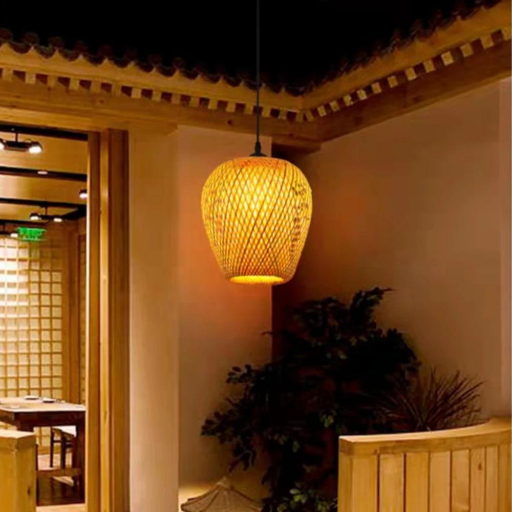 Bamboo Weaving Pendant Lamp 26cm Hanging E27 Ceiling Light Chandelier Fixtures Rattan Woven Home Bedroom Decors Lamps Shades