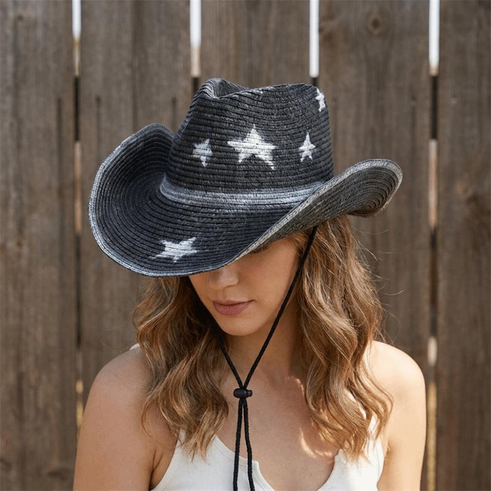 Star Sunscreen Straw Hat Ethnic Style Sun Hat Vintage Western Cowboy Hat  Women Men