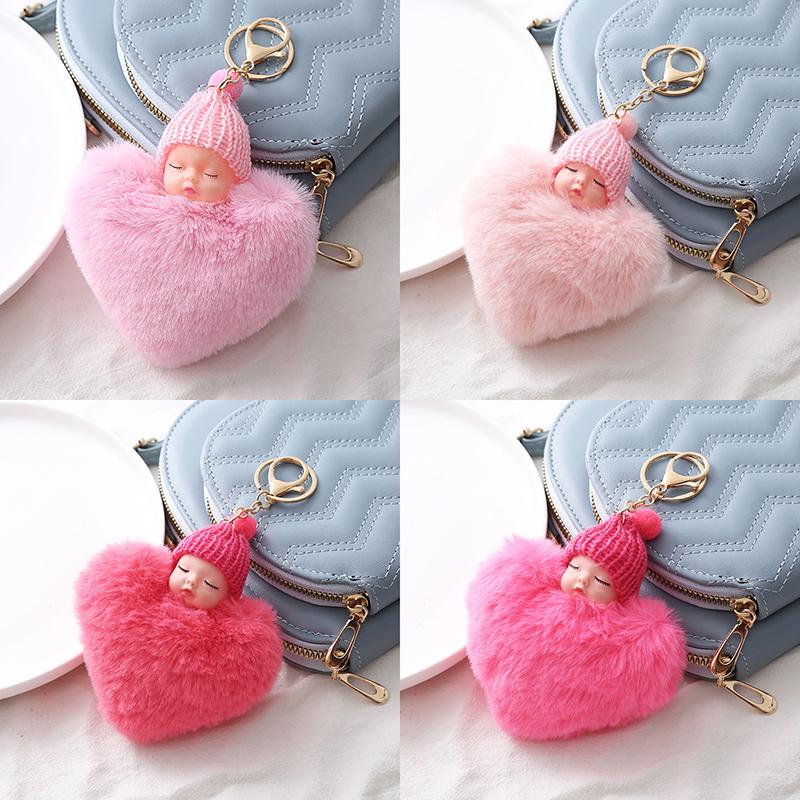 Plüsch Pfirsich Herz Pompon Schlafendes Baby Puppe Schlüsselanhänger Schlüsselanhänger Halter Tasche Für Frauen Mädchen Mode Schmuck Geschenk Charmante Dekoration