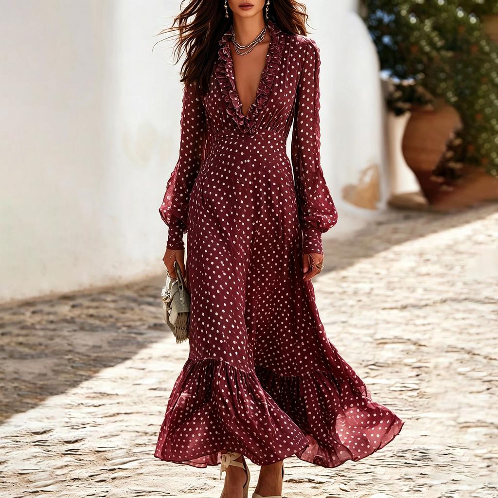 European and American women's clothing new vacation polka dot long dress deep V fungus edge waist long-sleeved dress