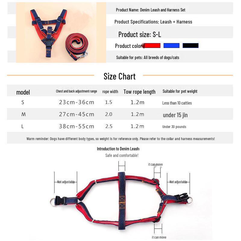 Chong Xiao Man Adjustable Denim Dog Leash and Harness Set