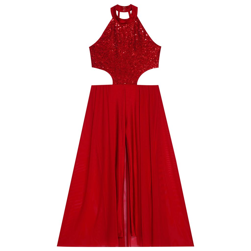 Costum Latino All-in-One pentru Copii: Salopetă Top Halter cu Paiete Strălucitoare, Fără Mâneci Decupată pe Spate cu Fustă de Practică Integrată