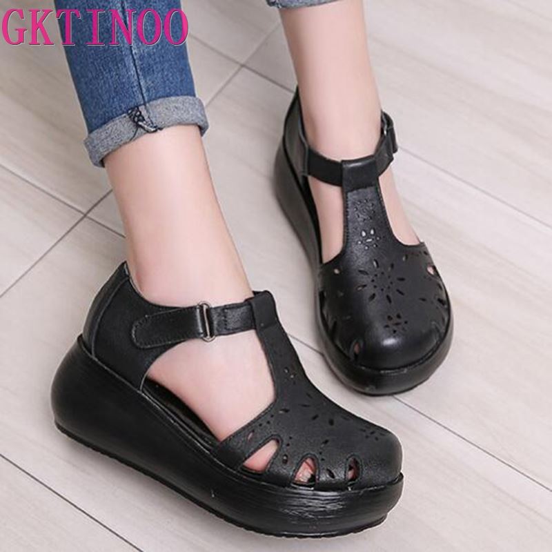 Fashion GKTINOO Women's Sandals Genuine Leather Platform Sandal 2025 Summer Thick Sole High Heels Ladies Sandal Summer Shoes For Women