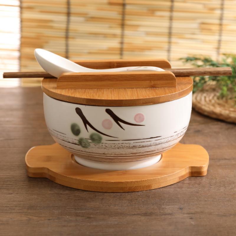 Bol à Nouilles de Riz Style Japonais Avec Couvercle Cuillère Et Baguettes Vaisselle de Cuisine Bol à Salade Soupe en Céramique Récipient Alimentaire Vaisselle