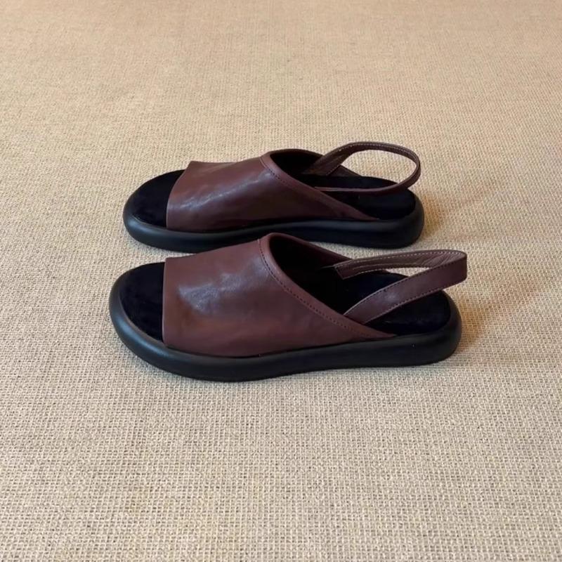 Cowhide version retro open-toed one-word sandals women's summer wear versatile vacation beach shoes flat-bottomed cool slippers