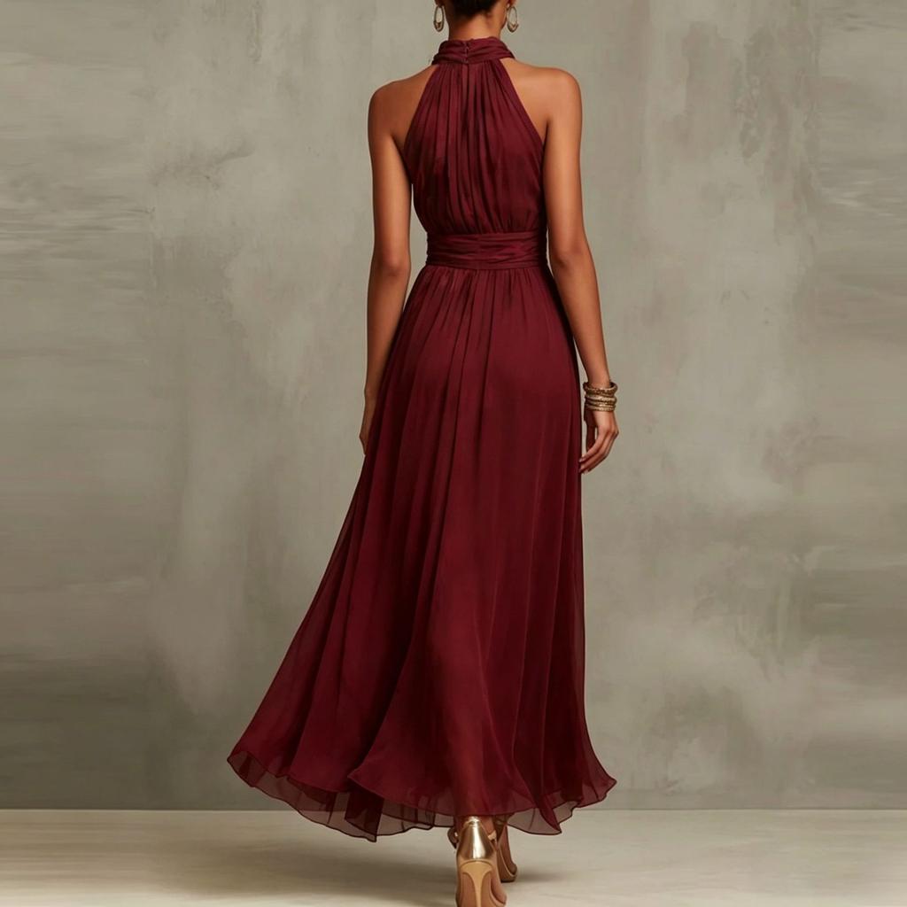 Halter Neck Solid Chiffon Ruched Waist Pleated Flowy Long Gown Sheer Split Hem Elegant Slim Fit Beach Vacation Wedding Guest Formal Evening Sundress