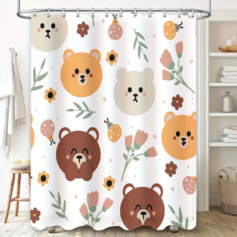 Adorable Cartoon Bear Print Shower Curtain for Bathroom Decoration White Floral Design Shower Panels Set with Hook Rings (180x27
