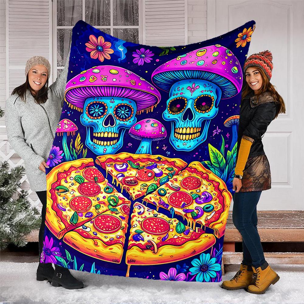 1pc Psychedelic Mushroom Pizza Print Outdoor Blanket, Lightweight Polyester,