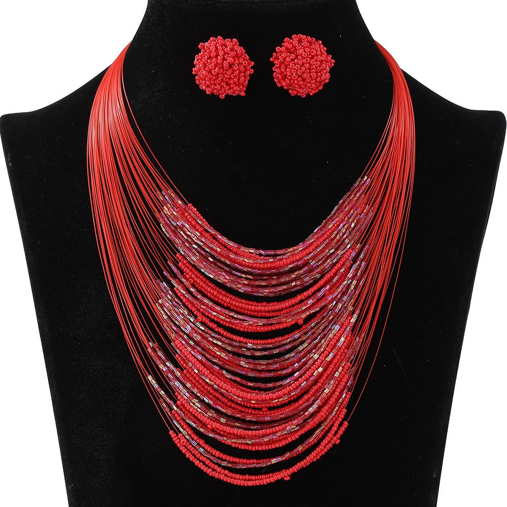 Bohemian Multi-Layer Rice Bead Necklace Earrings Set Retro Ethnic Style Sweater Chain Women'S Multi-Layer Jewelry