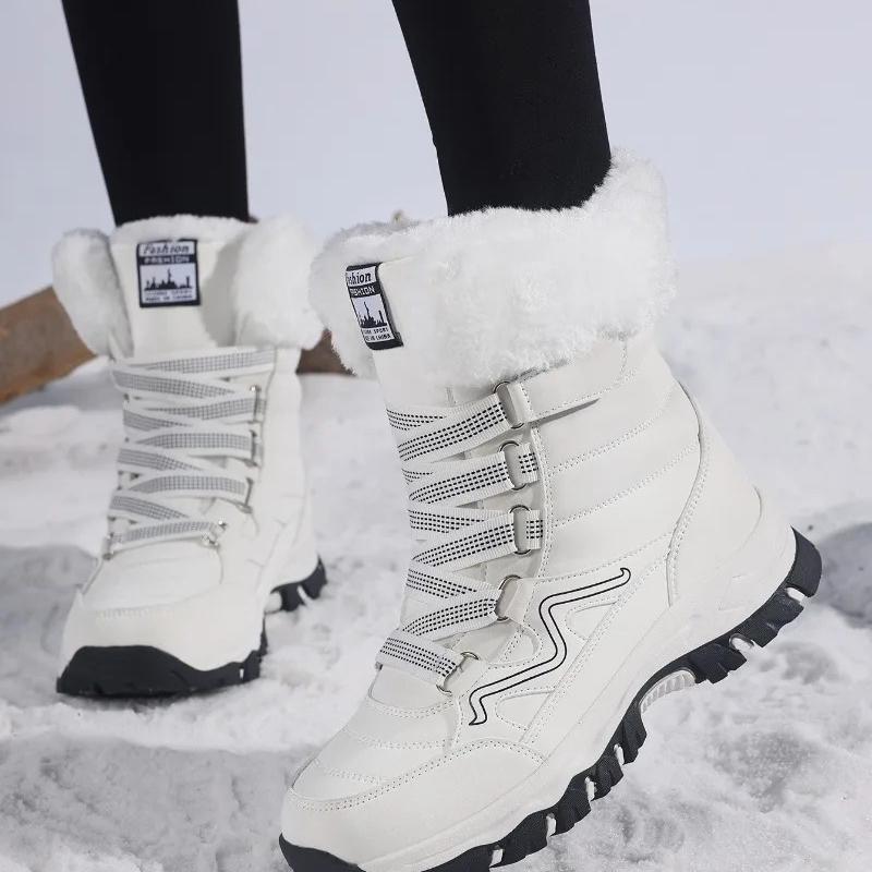 Plush Mid-top Winter Boots Women Warm Cotton Shoes Anti-slip Rubber Sole Outdoor Sneakers Plush Waterproof Ladies Hiking Footwear