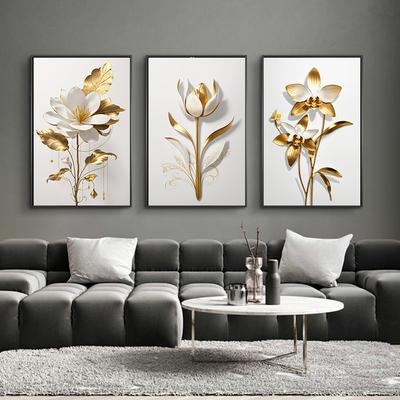 Poster e stampe su tela con fiori astratti dorati Arte nordica Dipinti di fiori dorati sulla parete Arte Immagini di fiori e foglie