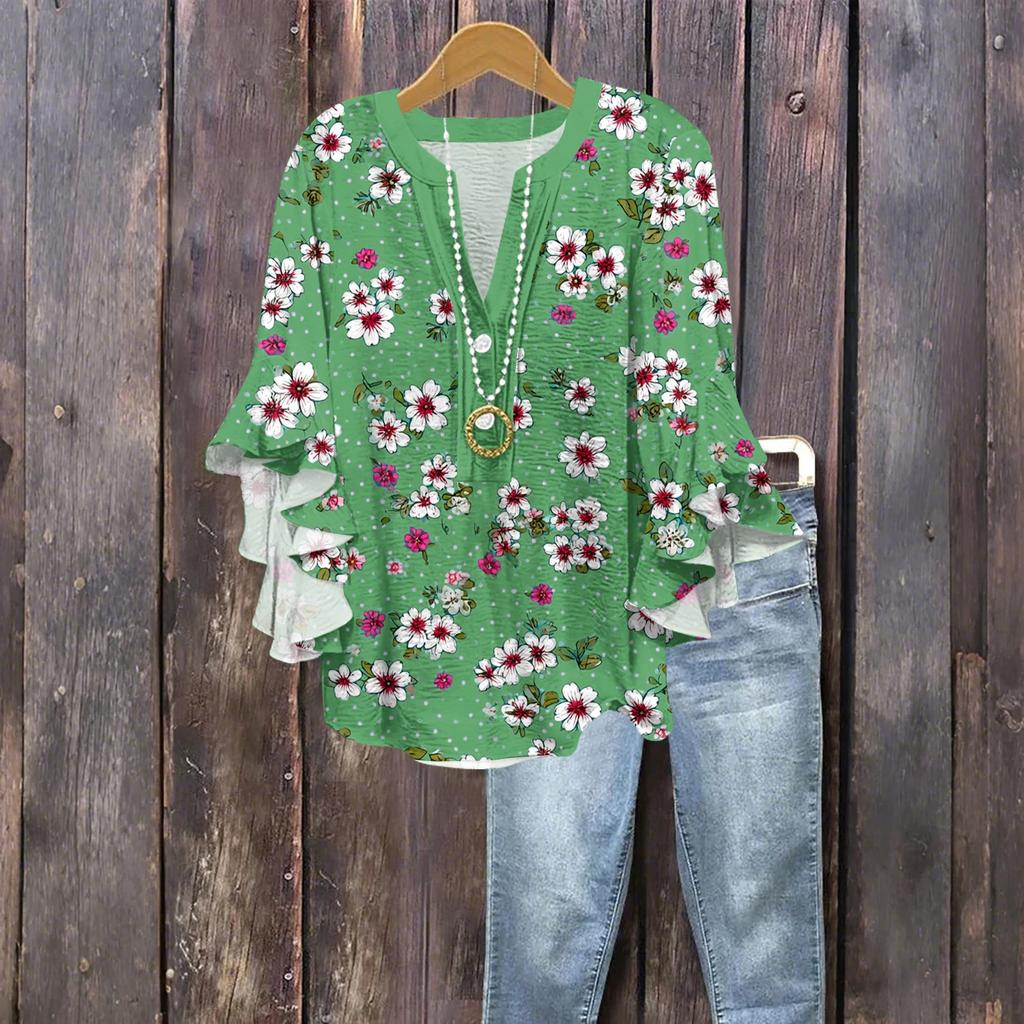 Women's Fashion Button V-Neck Ruffle Seven Sleeve Blouse Floral Printed Top